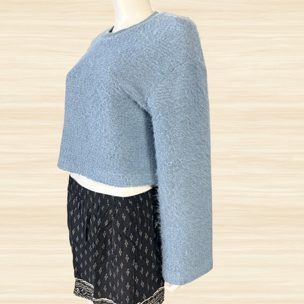 Zara Blue Fuzzy Knit Cropped Sweater Metallic Shimmer Wide Sleeve Pullover M - Picture 3 of 7